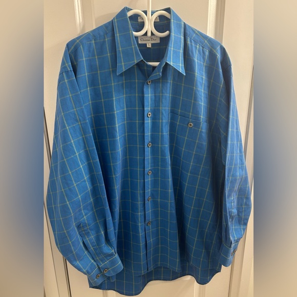 Christian Dior Men’s Blue & Yellow Plaid Button Up Dress Shirt - Size L/17 - Picture 2 of 7